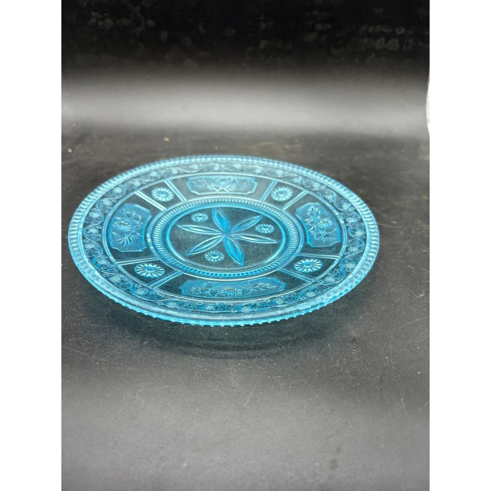 Vintage Blue Depression Glass Plate Floral Starburst Pattern 6 Inch Aqua Pressed